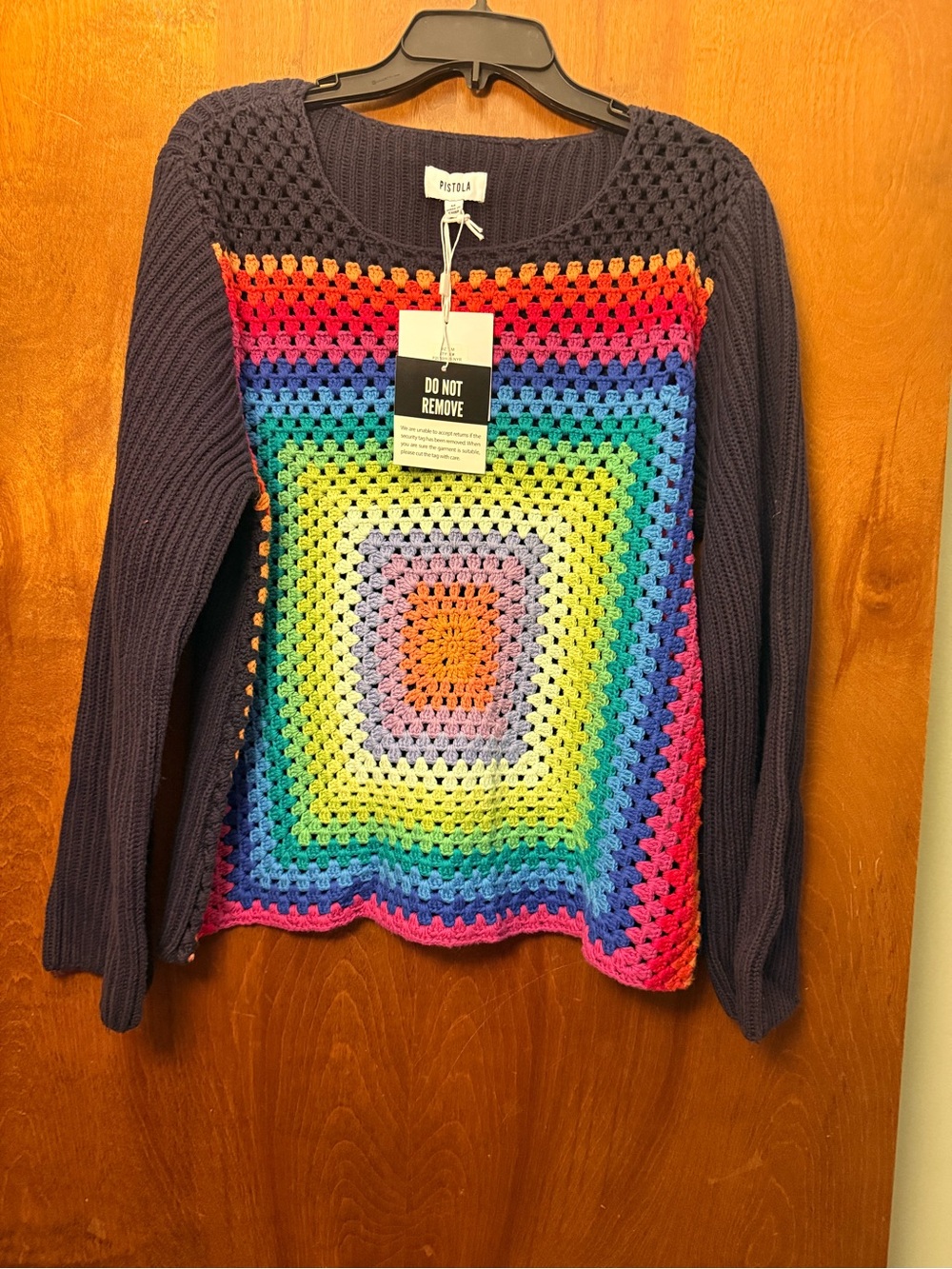 pistola Navy Sweater with Bright Rainbow Crochet Front